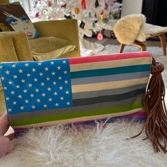 Vintage 🇺🇸 JESSICA KAGAN CUSHMAN Canvas Clutch Handbag American Flag Patriotic - Picture 1 of 11